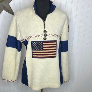 Cozy Cream and Blue Fleece Sweatshirt with Flag Patch Size Medoum